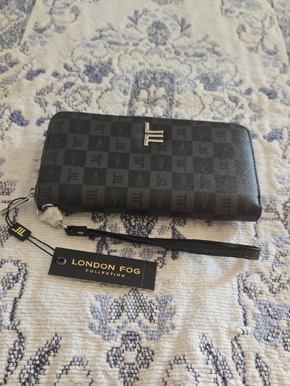 London Fog Black Monogram Zip Wristlet with Silver Accent